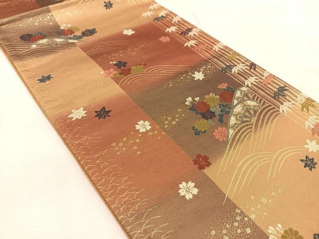 平和屋着物◎六通柄袋帯 唐織 片輪車花文 金糸 正絹 逸品 BAAU9067yc