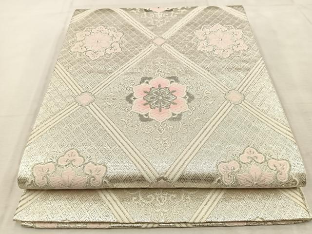 平和屋着物◎六通柄袋帯 唐織 菱天井花文 銀糸 正絹 逸品 BAAU9068yc