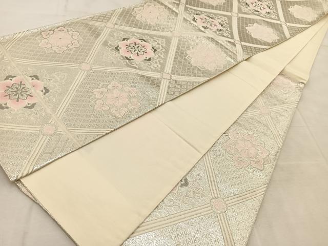 平和屋着物◎六通柄袋帯 唐織 菱天井花文 銀糸 正絹 逸品 BAAU9068yc