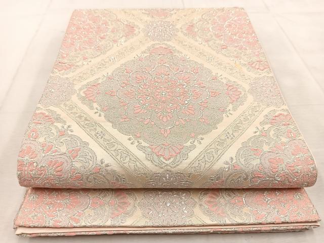 平和屋着物◎六通柄袋帯 唐織 菱天井花文 銀糸 やまとオリジナル 正絹 逸品 BAAU9075yc
