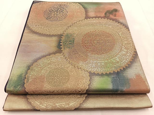 平和屋着物◎六通柄袋帯 花絵皿 金銀糸 引箔 正絹 逸品 BAAU9084yc