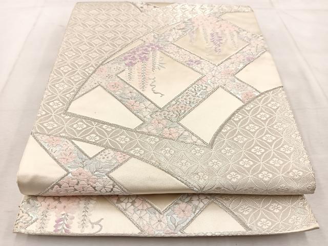 平和屋着物◎六通柄袋帯 唐織 地紙格子花文 銀糸 正絹 逸品 BAAU9086yc