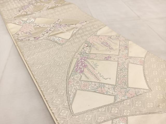 平和屋着物◎六通柄袋帯 唐織 地紙格子花文 銀糸 正絹 逸品 BAAU9086yc