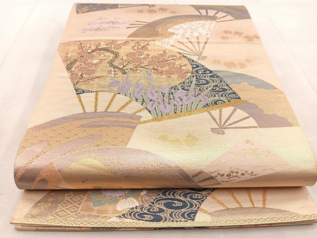 平和屋着物◎六通柄袋帯 唐織 扇面風景花文 金銀糸 正絹 逸品 BAAU9093yc