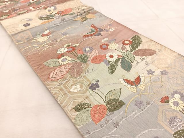 平和屋着物◎六通柄袋帯 唐織 草花胡蝶 金糸 正絹 逸品 BAAU9094yc