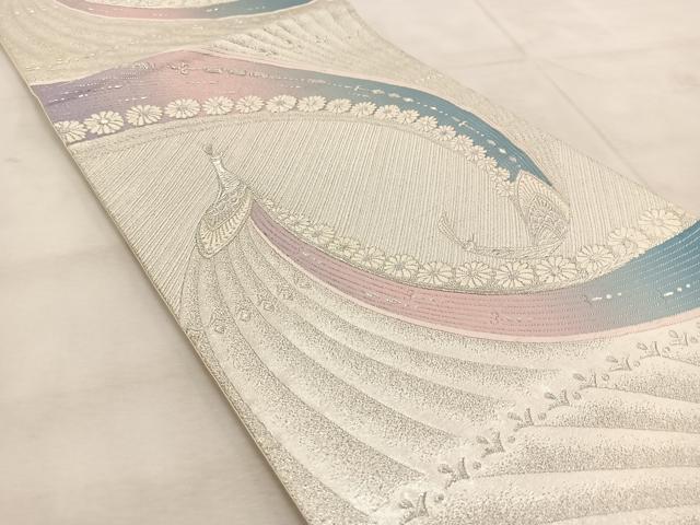 平和屋着物◎六通柄袋帯 唐織 孔雀 銀糸 正絹 逸品 BAAU9118yc