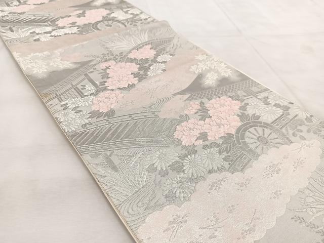 平和屋着物◎六通柄袋帯 花車風景文 プラチナ錦二重箔 引箔 正絹 逸品 BAAU9121yc