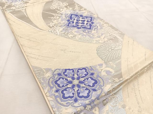 平和屋着物◎六通柄袋帯 唐織 孔雀花文 銀糸 正絹 逸品 BAAU9133yc