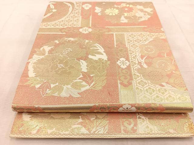 平和屋着物◎西陣 服部織物謹製 六通柄袋帯 花丸文 こはく錦 二重箔織 正絹 逸品 BAAU9141yc