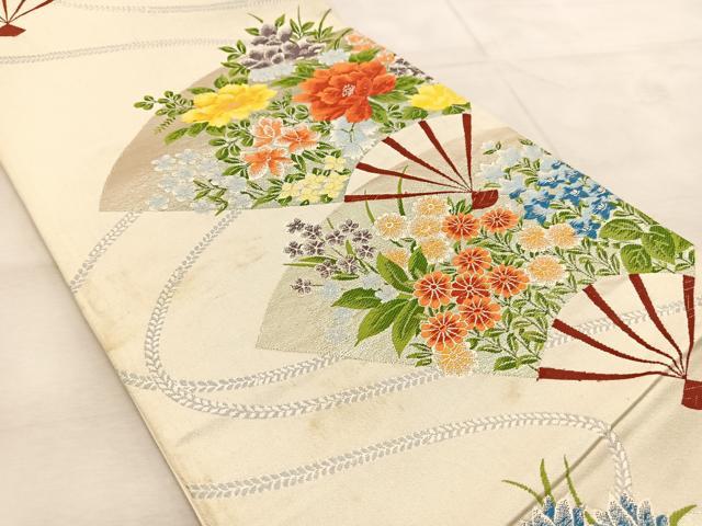平和屋着物◎六通柄袋帯 唐織 扇面花文 銀糸 正絹 逸品 BAAU9145yc