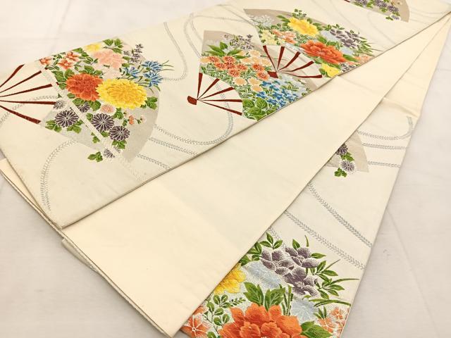 平和屋着物◎六通柄袋帯 唐織 扇面花文 銀糸 正絹 逸品 BAAU9145yc