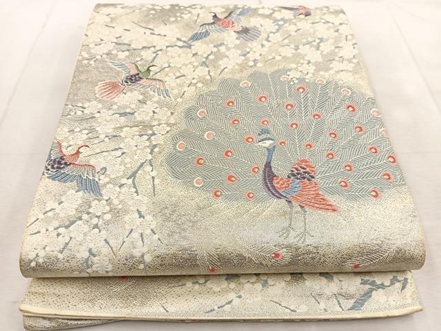 平和屋着物◎六通柄袋帯 唐織 梅花孔雀文 九百錦 プラチナ箔 正絹 逸品 BAAU9152yc