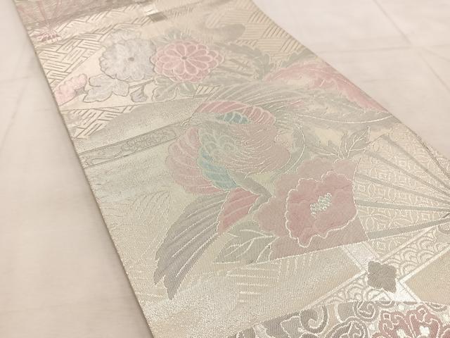 平和屋着物◎九百佐賀錦 六通柄袋帯 扇面花鳥文 銀糸 正絹 逸品 BAAU9156yc