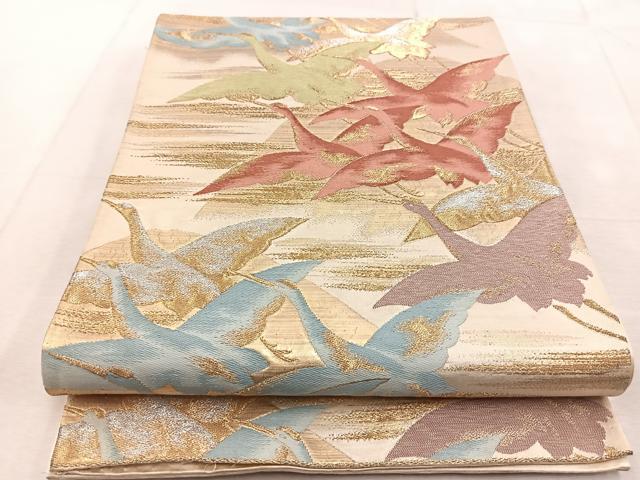平和屋着物◎六通柄袋帯 群鶴 金銀糸 正絹 逸品 BAAU9169yc