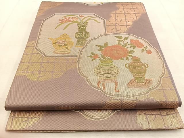 平和屋着物◎六通柄袋帯 陶器花文 金糸 正絹 逸品 BAAU9186yc