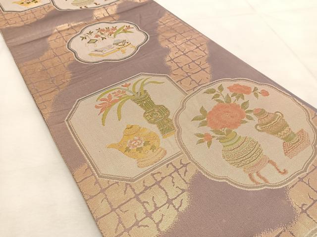 平和屋着物◎六通柄袋帯 陶器花文 金糸 正絹 逸品 BAAU9186yc