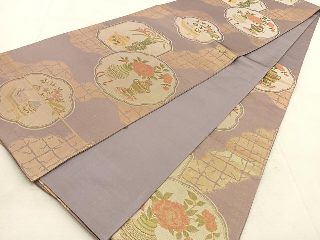 平和屋着物◎六通柄袋帯 陶器花文 金糸 正絹 逸品 BAAU9186yc