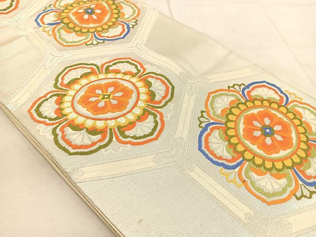 平和屋着物◎六通柄 京袋帯 唐織 亀甲花文 銀糸 正絹 逸品 BAAU9217yc