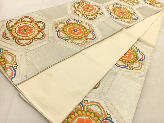 平和屋着物◎六通柄 京袋帯 唐織 亀甲花文 銀糸 正絹 逸品 BAAU9217yc