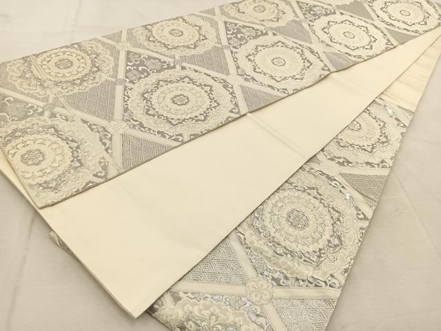 平和屋着物◎六通柄袋帯 唐織 菱天井花文 銀糸 正絹 逸品 BAAU9235yc