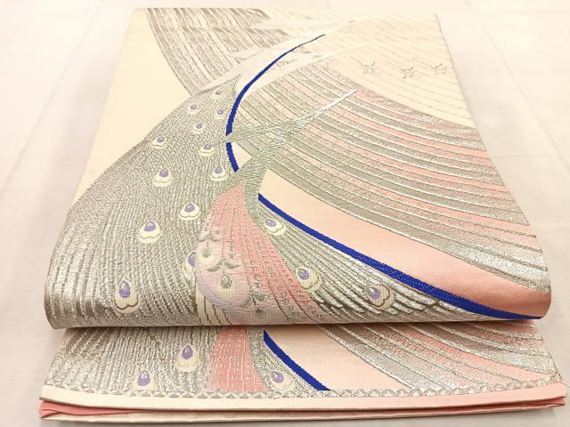 平和屋着物◎六通柄袋帯 唐織 孔雀花文 銀糸 正絹 逸品 BAAU9238yc