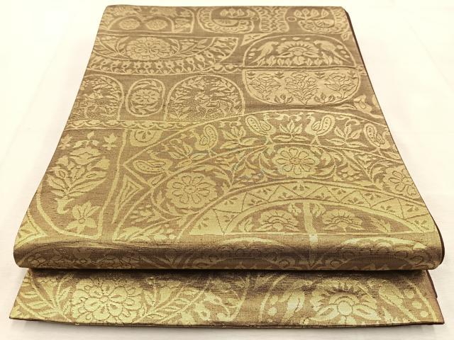 平和屋着物◎六通柄袋帯 動物更紗花文 金糸 正絹 逸品 BAAU9248yc