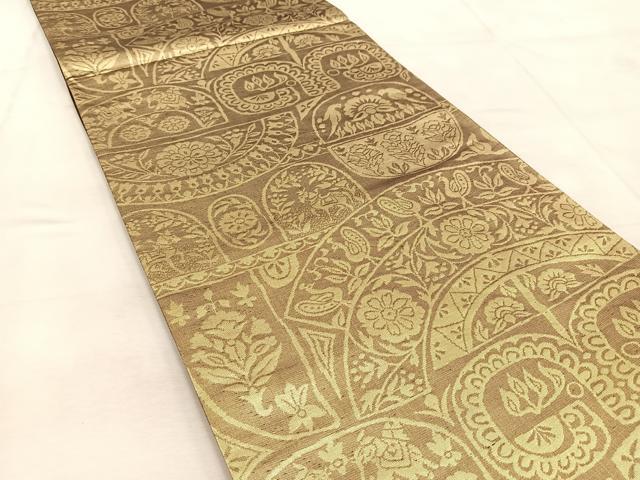 平和屋着物◎六通柄袋帯 動物更紗花文 金糸 正絹 逸品 BAAU9248yc