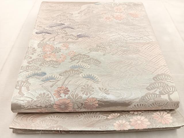 平和屋着物◎六通柄袋帯 唐織 流水草花文 銀糸 正絹 逸品 BAAU9278yc