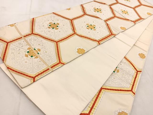 平和屋着物◎西陣 六通柄袋帯 唐織 亀甲花文 金銀糸 正絹 逸品 BAAU9281yc