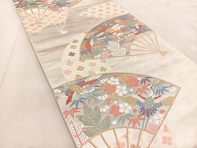 平和屋着物◎六通柄袋帯 唐織 扇面飛鶴松竹梅文 金銀糸 正絹 逸品 BAAU9292yc