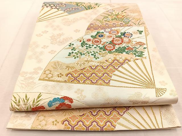 平和屋着物◎六通柄袋帯 唐織 扇面吉祥花文 金糸 正絹 逸品 BAAU9294yc