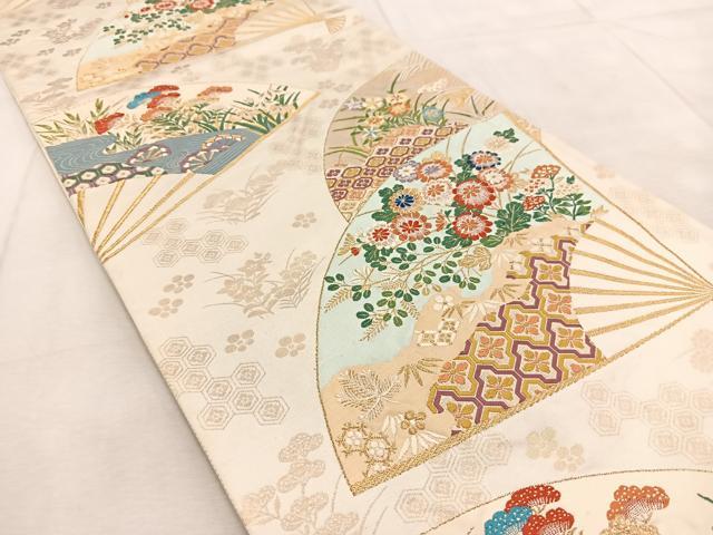 平和屋着物◎六通柄袋帯 唐織 扇面吉祥花文 金糸 正絹 逸品 BAAU9294yc