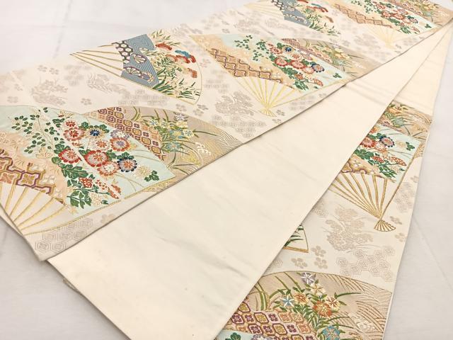 平和屋着物◎六通柄袋帯 唐織 扇面吉祥花文 金糸 正絹 逸品 BAAU9294yc