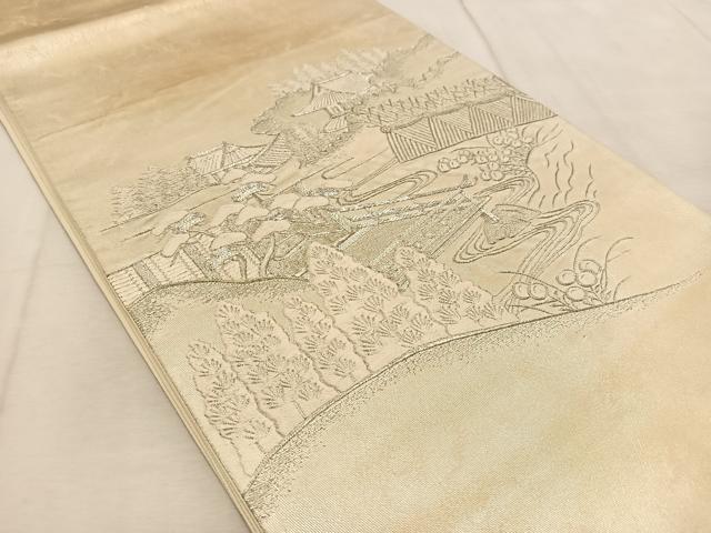 平和屋着物◎太鼓柄袋帯 総刺繍 銀駒刺繍 庭園風景文 金糸 引箔 正絹 逸品 BAAU9341yc
