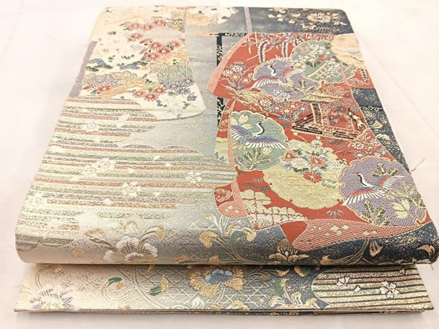 平和屋着物◎六通柄袋帯 唐織 誰が袖飛鶴更紗花文 金糸 正絹 逸品 BAAU9354yc