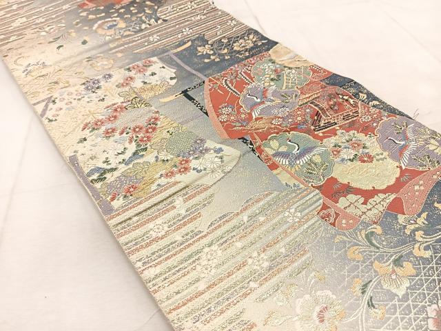 平和屋着物◎六通柄袋帯 唐織 誰が袖飛鶴更紗花文 金糸 正絹 逸品 BAAU9354yc