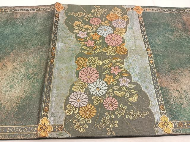 平和屋着物◎太鼓柄袋帯 唐織 雲取り菊花文 金銀糸 引箔 正絹 逸品 BAAU9369yc