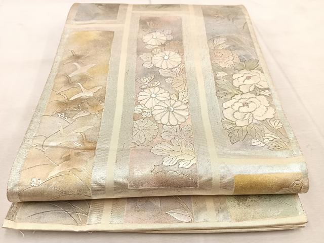 平和屋着物◎六通柄袋帯 銀駒刺繍 短冊風景花文 金銀糸 引箔 正絹 逸品 BAAU9382yc