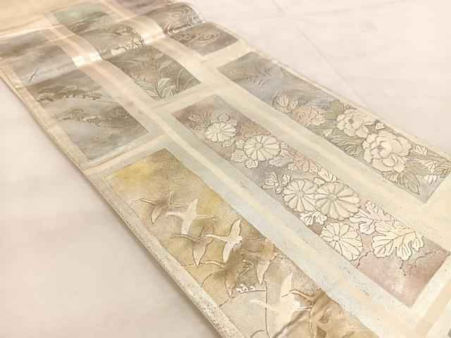 平和屋着物◎六通柄袋帯 銀駒刺繍 短冊風景花文 金銀糸 引箔 正絹 逸品 BAAU9382yc