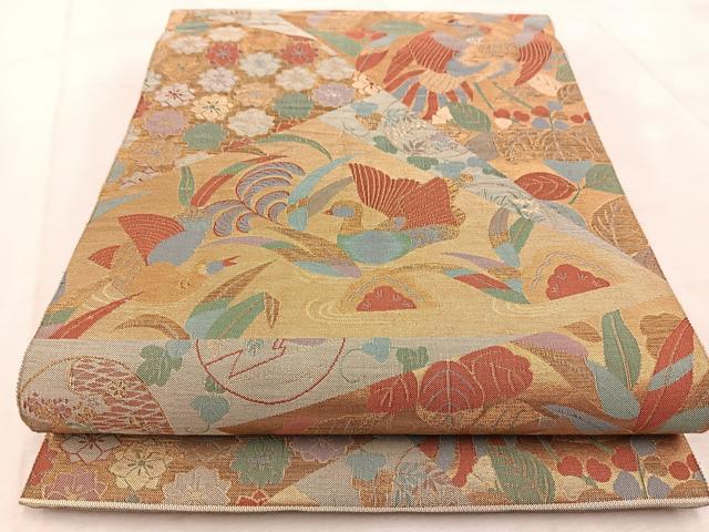 平和屋着物◎六通柄袋帯 切嵌花鳥文 金糸 正絹 逸品 BAAU9388yc