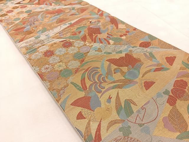 平和屋着物◎六通柄袋帯 切嵌花鳥文 金糸 正絹 逸品 BAAU9388yc