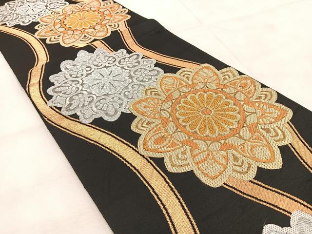 平和屋着物◎六通柄 本袋帯 立涌正倉院花文 黒地 金銀糸 BAAU9406yc