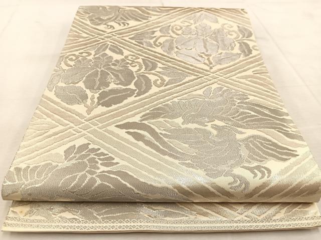 平和屋着物◎西陣 服部織物謹製 六通柄袋帯 菱天井花鳥文 銀糸 正絹 逸品 BAAU9427yc