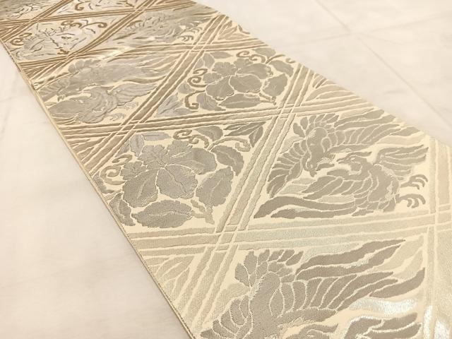 平和屋着物◎西陣 服部織物謹製 六通柄袋帯 菱天井花鳥文 銀糸 正絹 逸品 BAAU9427yc