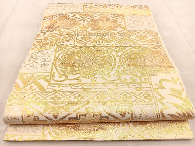 平和屋着物◎六通柄袋帯 幾何学花文 金糸 正絹 逸品 BAAU9440yc