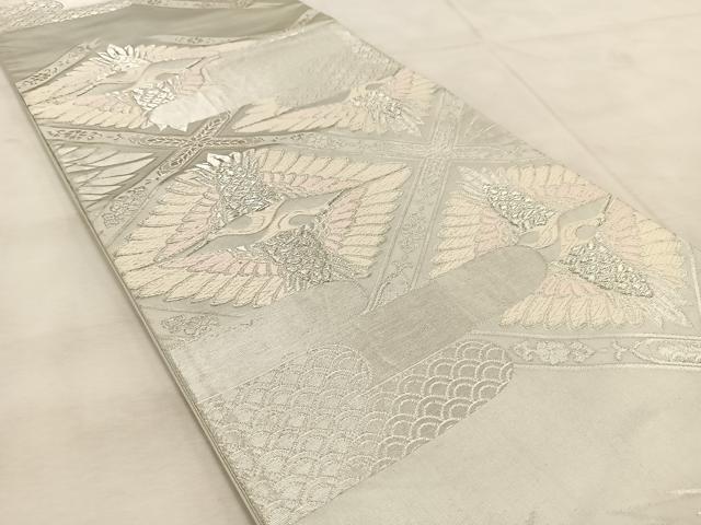 平和屋着物◎六通柄袋帯 唐織 向かい鶴瑞雲 銀糸 正絹 逸品 BAAU9448yc