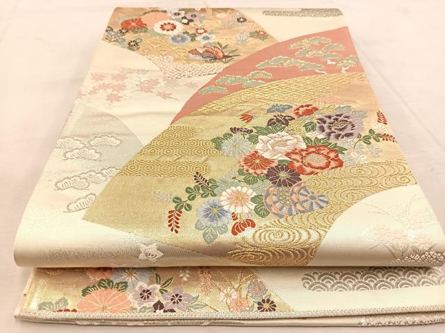 平和屋着物◎六通柄袋帯 唐織 地紙花鳥文 プラチナ箔 九百錦 正絹 逸品 BAAU9455yc