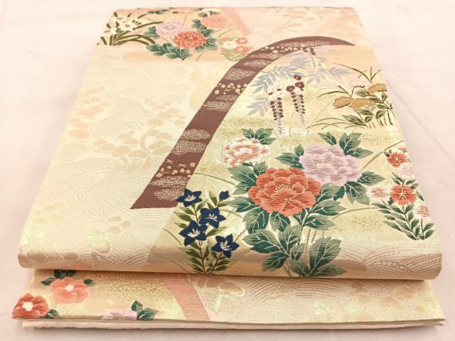 平和屋着物◎六通柄袋帯 唐織 重ね山風景花文 金糸 正絹 逸品 BAAU9513yc