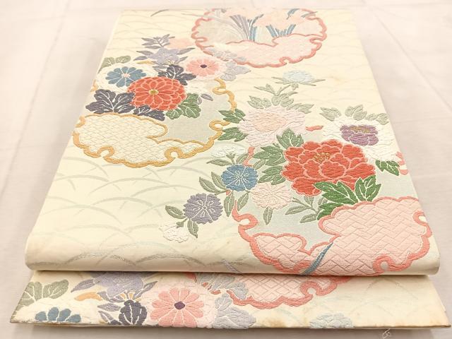 平和屋着物◎六通柄袋帯 唐織 雪輪花文 銀糸 正絹 逸品 BAAU9520yc