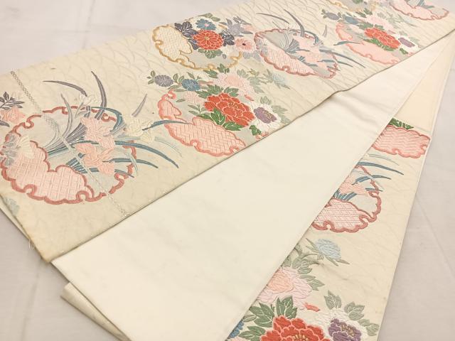 平和屋着物◎六通柄袋帯 唐織 雪輪花文 銀糸 正絹 逸品 BAAU9520yc